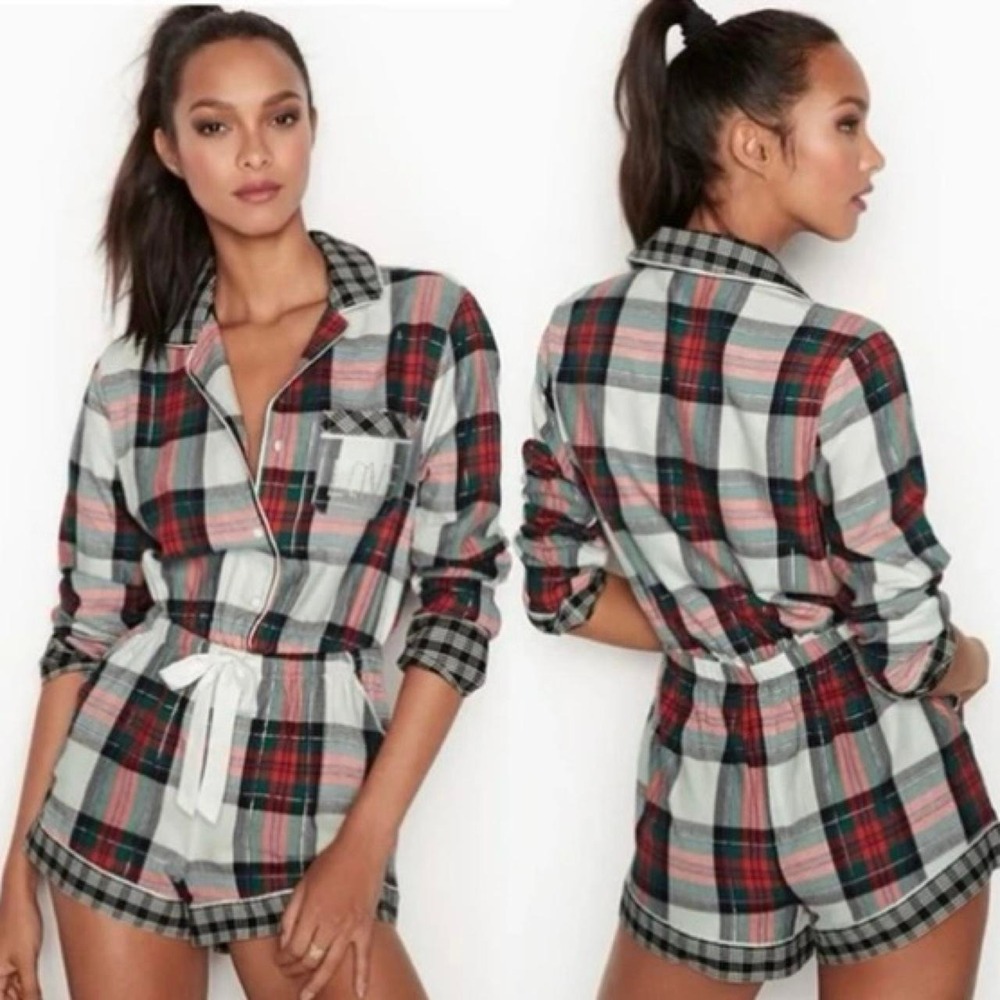 Victorias Secret Plaid Flannel Romper Red Green Metallic Gold Love Rhinestone L